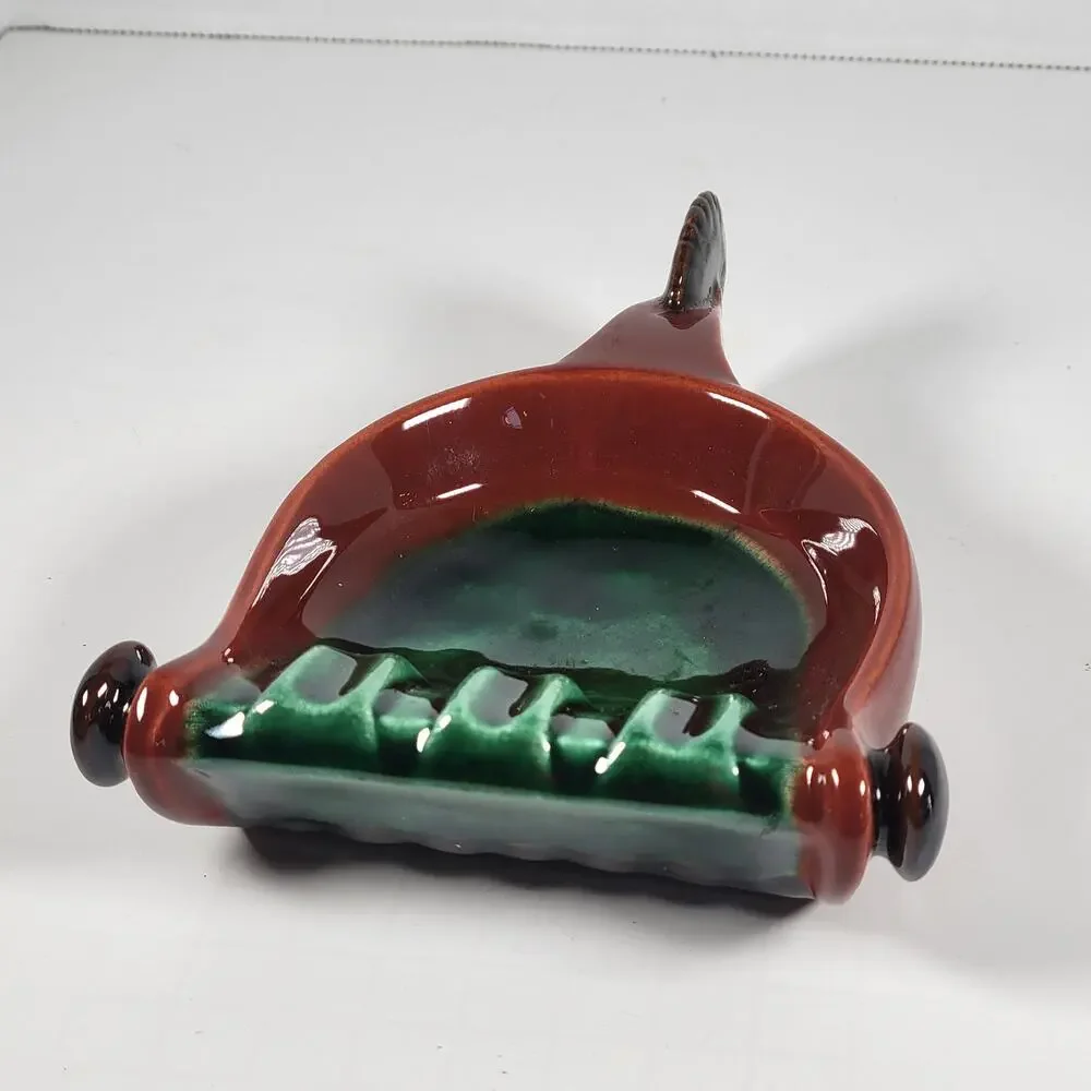 Vintage Green and Brown Spur Ashtray with Handle, Mid-Century Modern Farmhouse